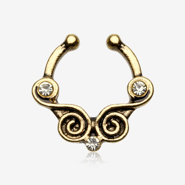 Golden Tribal Kron Sparkle Fake Septum Clip-On Ring-Clear